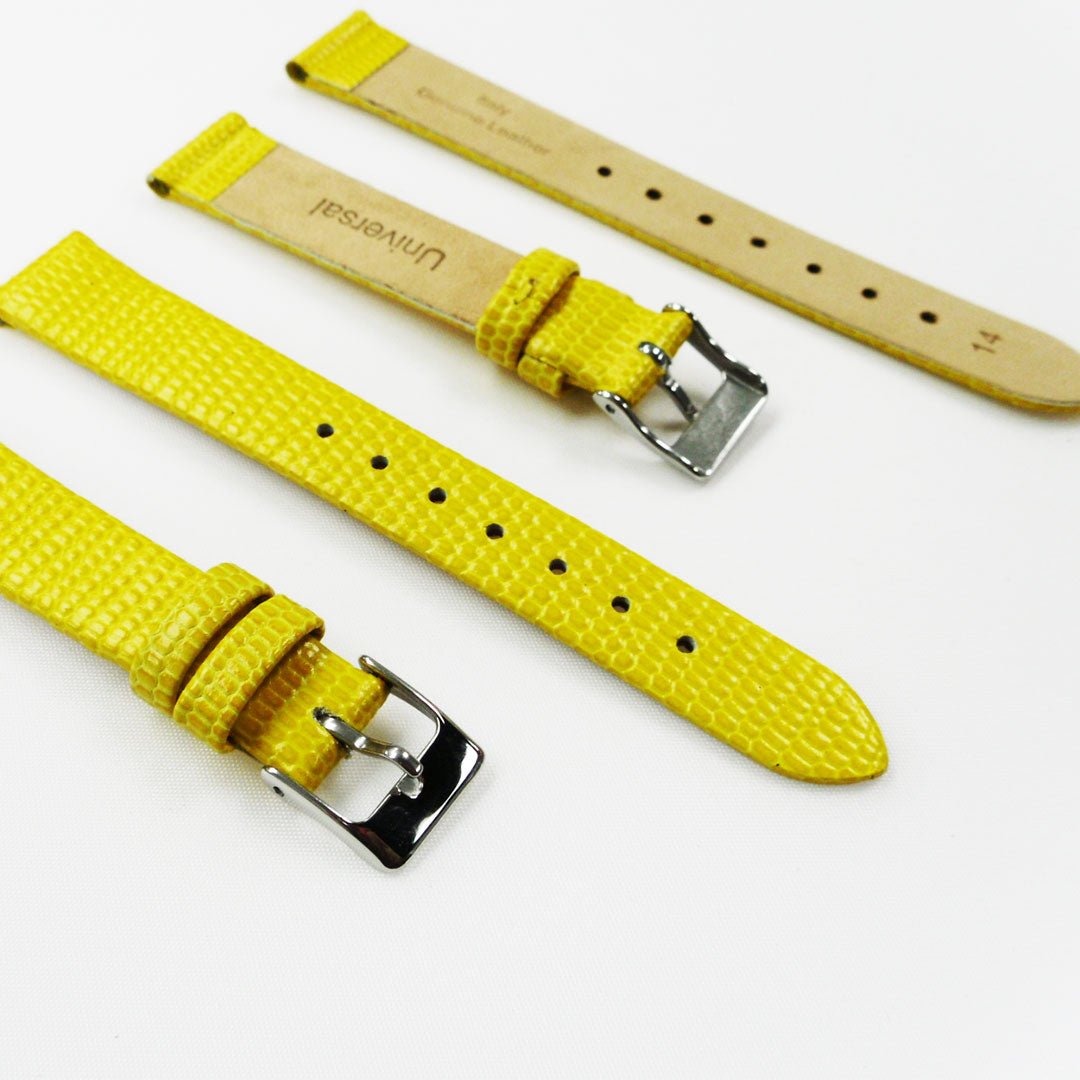Lizard Style, Ladies Watch Band, 14MM Wide Flat, Regular Size, Yellow Color, Silver Buckle, Genuine Leather Strap Replacement - Universal Jewelers & Watch Tools Inc.