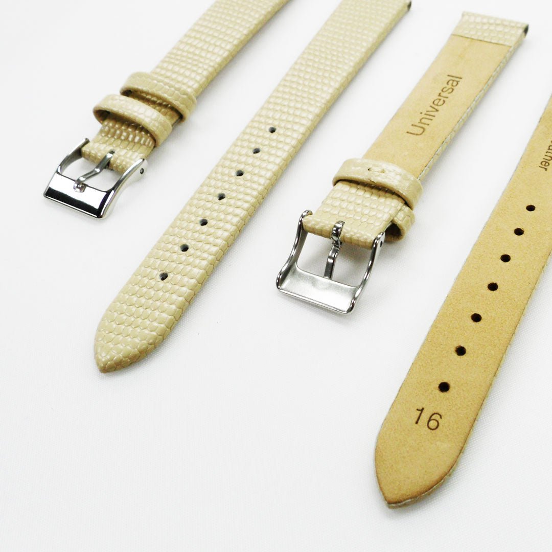 Lizard Watch Band, 16MM Wide Flat, Regular Size, Beige Color, Silver Buckle, Genuine Leather Strap Replacement - Universal Jewelers & Watch Tools Inc.