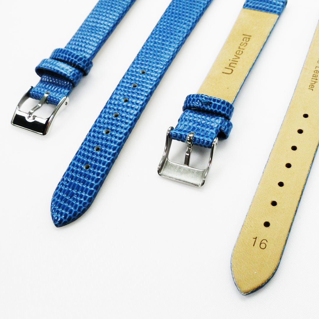 Lizard Watch Band, 16MM Wide Flat, Regular Size, Blue Color, Silver Buckle, Genuine Leather Strap Replacement - Universal Jewelers & Watch Tools Inc.