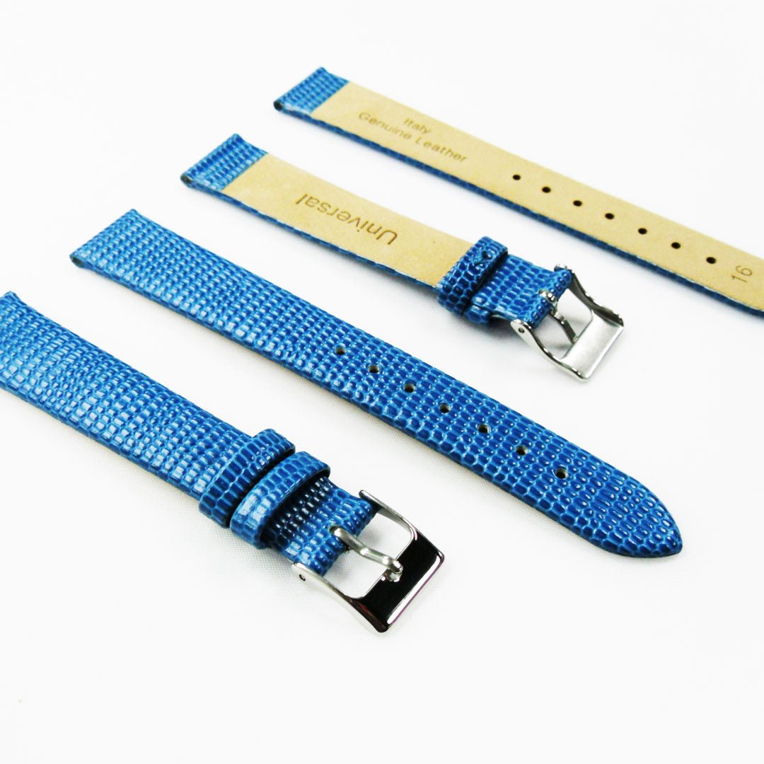 Lizard Watch Band, 16MM Wide Flat, Regular Size, Blue Color, Silver Buckle, Genuine Leather Strap Replacement - Universal Jewelers & Watch Tools Inc.