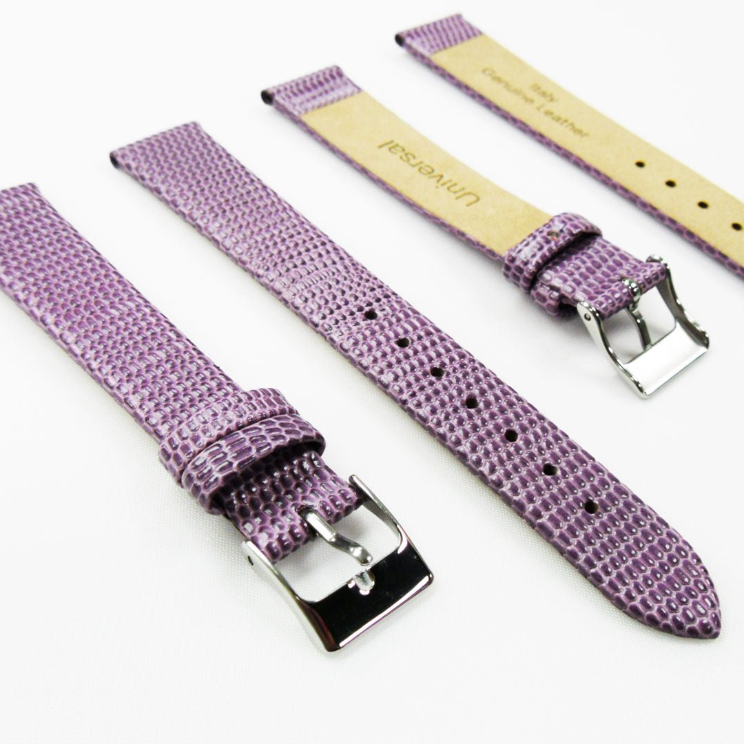 Lizard Watch Band, 16MM Wide Flat, Regular Size, Purple Color, Silver Buckle, Genuine Leather Strap Replacement - Universal Jewelers & Watch Tools Inc.