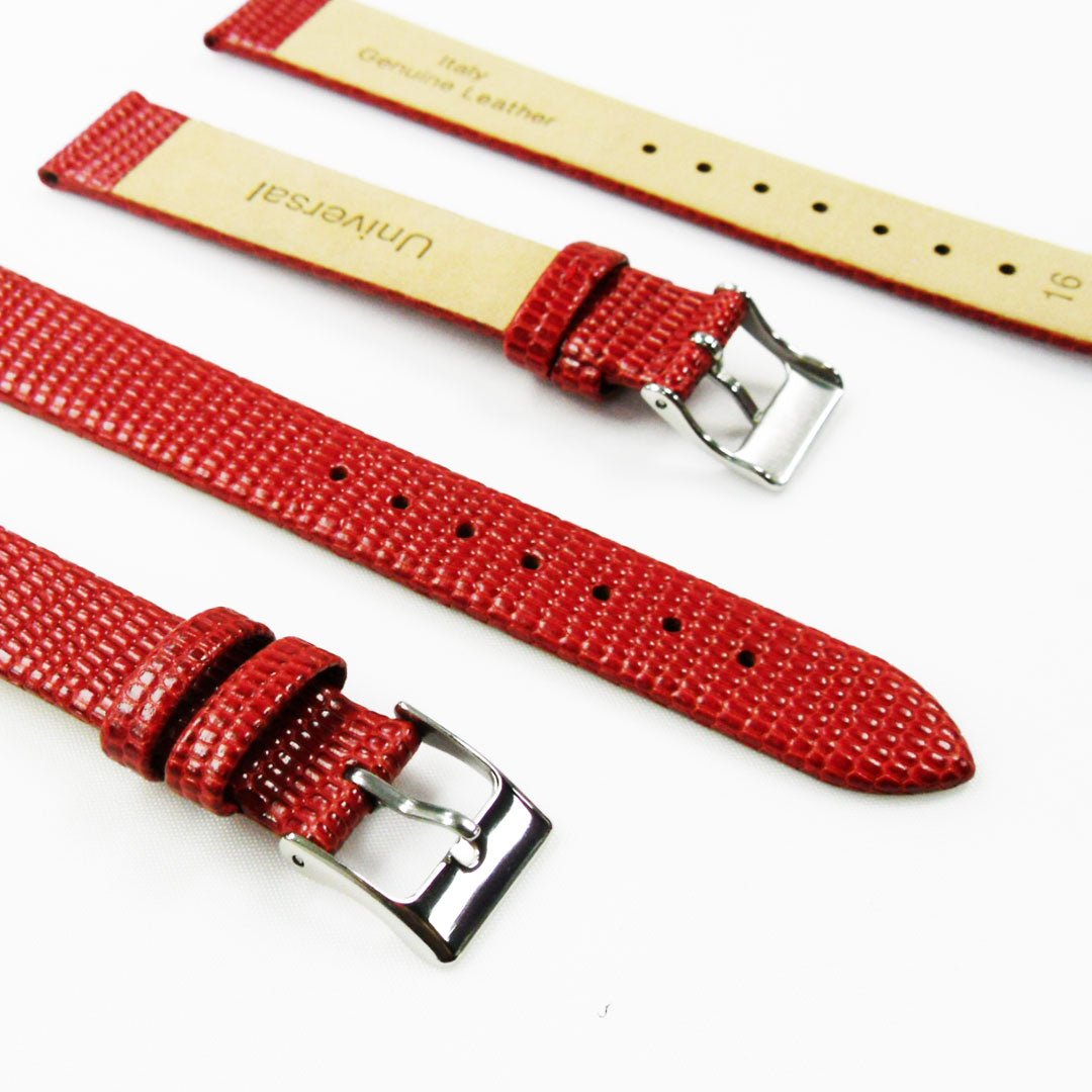 Lizard Watch Band, 16MM Wide Flat, Regular Size, Red Color, Silver Buckle, Genuine Leather Strap Replacement - Universal Jewelers & Watch Tools Inc.