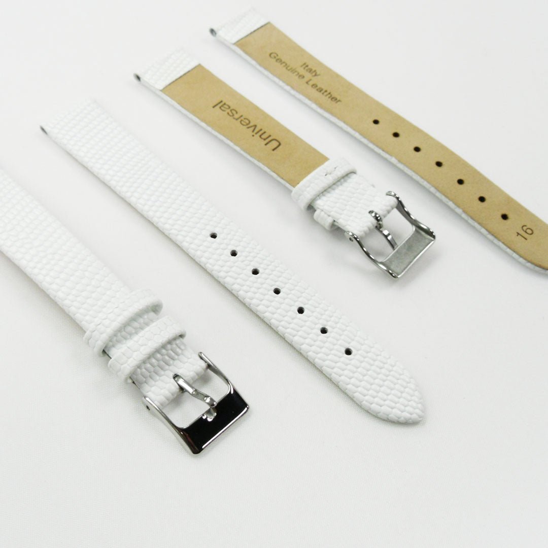 Lizard Watch Band, 16MM Wide Flat, Regular Size, White Color, Silver Buckle, Genuine Leather Strap Replacement - Universal Jewelers & Watch Tools Inc.