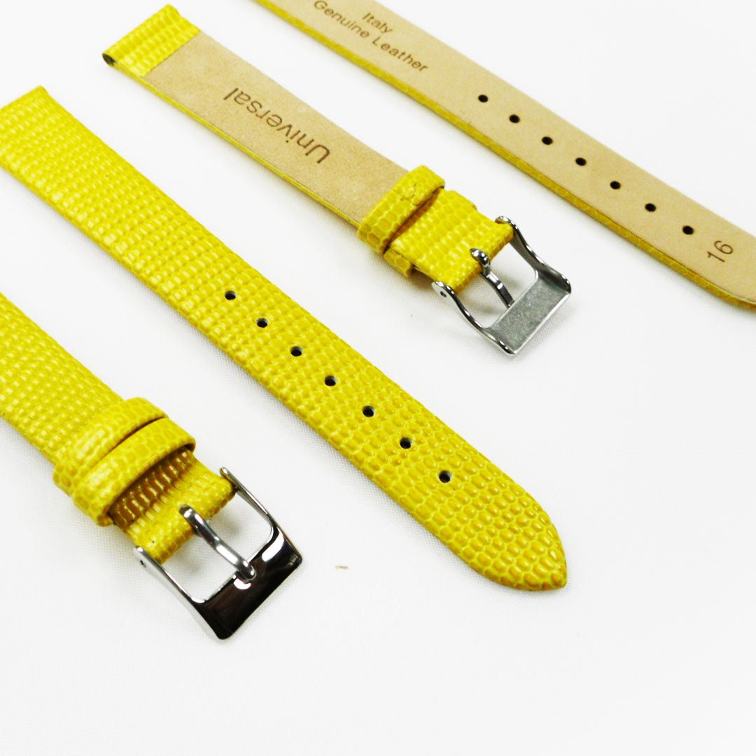 Lizard Watch Band, 16MM Wide Flat, Regular Size, Yellow Color, Silver Buckle, Genuine Leather Strap Replacement - Universal Jewelers & Watch Tools Inc.