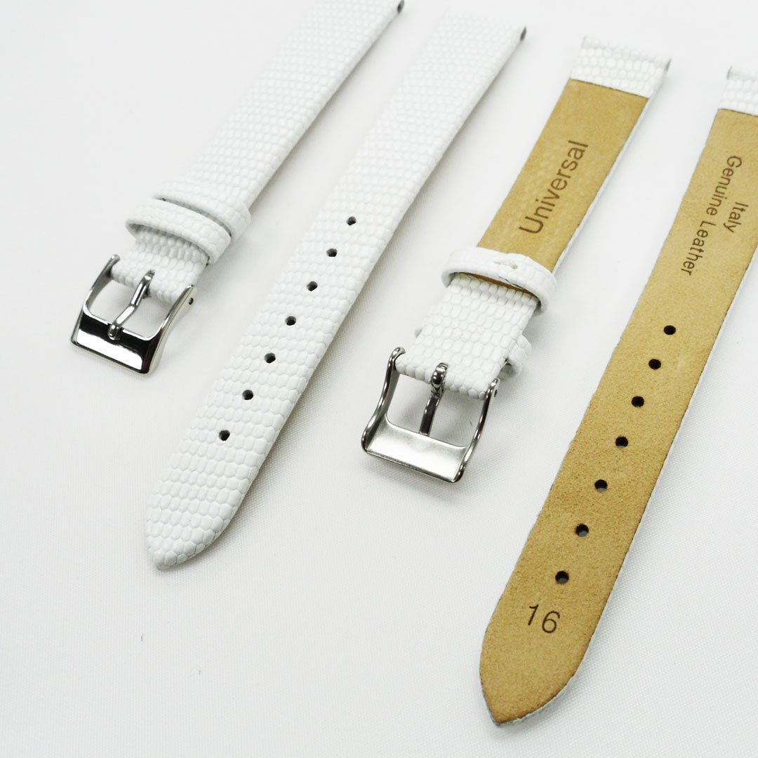Lizard Watch Band, 16MM and 18MM Wide Flat, Regular Size, White Color, Silver Buckle, Genuine Leather Strap Replacement - Universal Jewelers & Watch Tools Inc.