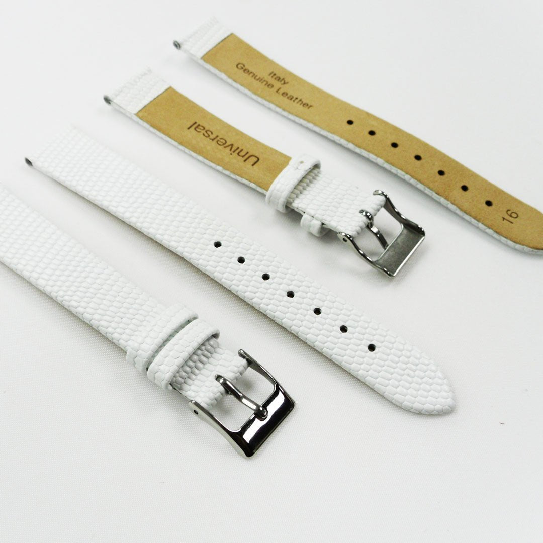 Lizard Watch Band, 16MM and 18MM Wide Flat, Regular Size, White Color, Silver Buckle, Genuine Leather Strap Replacement - Universal Jewelers & Watch Tools Inc.