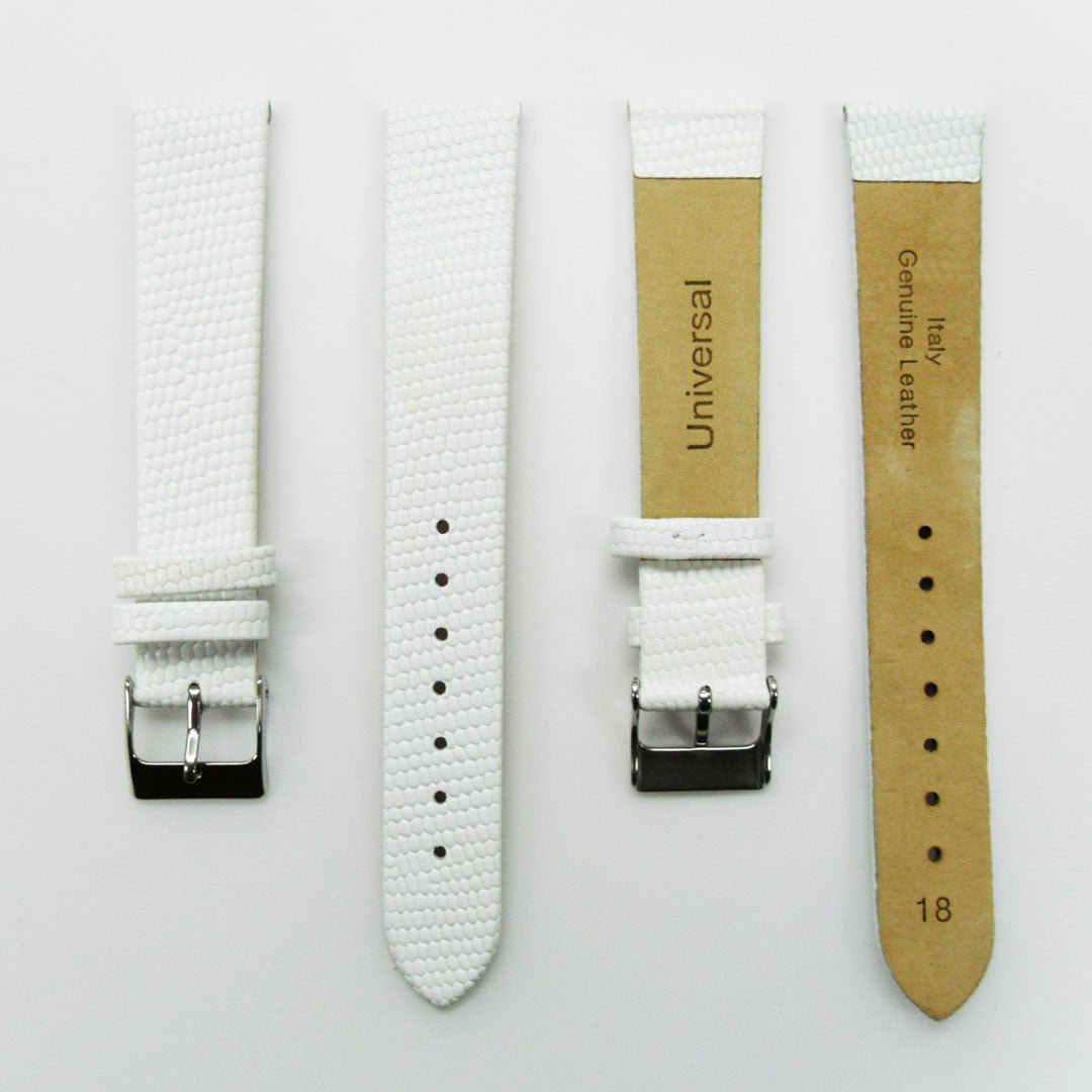 Lizard Watch Band, 16MM and 18MM Wide Flat, Regular Size, White Color, Silver Buckle, Genuine Leather Strap Replacement - Universal Jewelers & Watch Tools Inc.