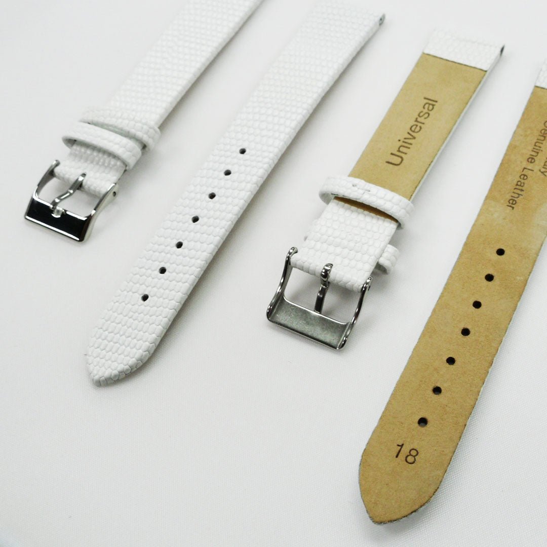 Lizard Watch Band, 16MM and 18MM Wide Flat, Regular Size, White Color, Silver Buckle, Genuine Leather Strap Replacement - Universal Jewelers & Watch Tools Inc.