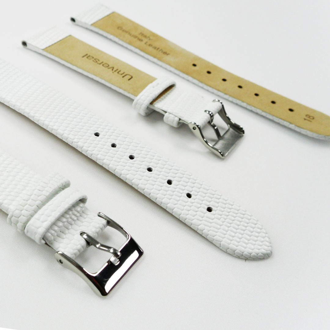 Lizard Watch Band, 16MM and 18MM Wide Flat, Regular Size, White Color, Silver Buckle, Genuine Leather Strap Replacement - Universal Jewelers & Watch Tools Inc.
