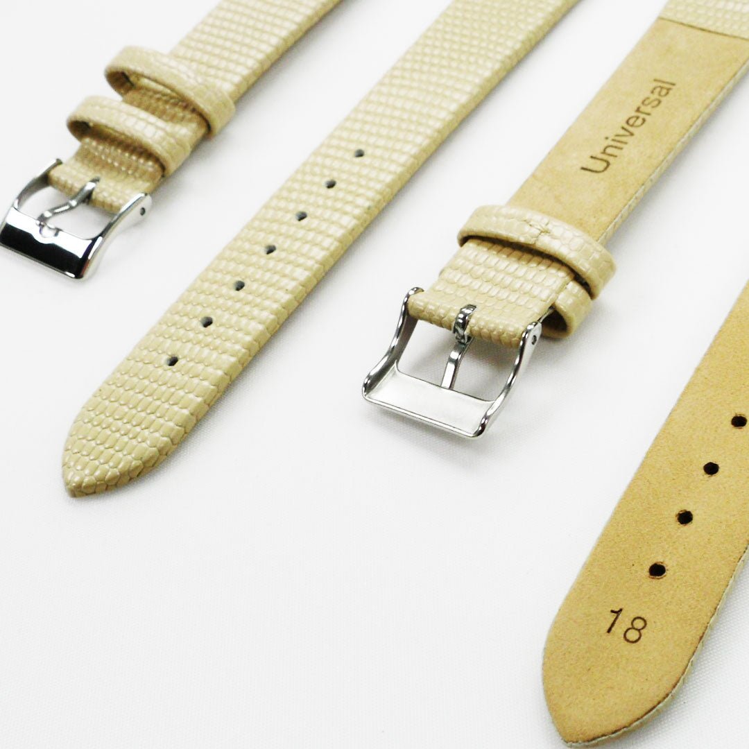 Lizard Watch Band, 18MM Wide Flat, Regular Size, Beige Color, Silver Buckle, Genuine Leather Strap Replacement - Universal Jewelers & Watch Tools Inc.