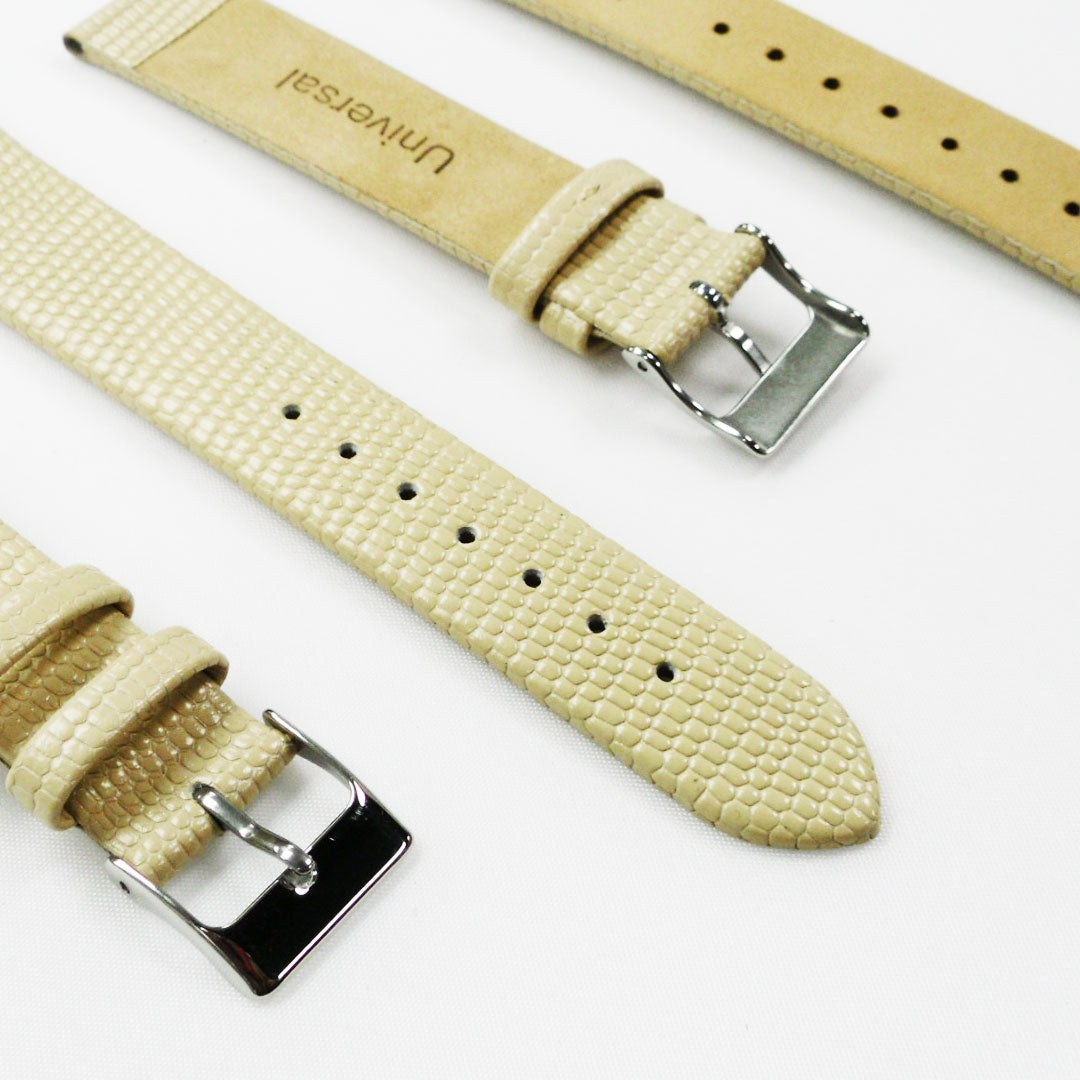 Lizard Watch Band, 18MM Wide Flat, Regular Size, Beige Color, Silver Buckle, Genuine Leather Strap Replacement