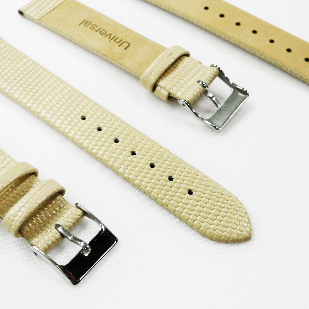 Lizard Watch Band, 18MM Wide Flat, Regular Size, Beige Color, Silver Buckle, Genuine Leather Strap Replacement - Universal Jewelers & Watch Tools Inc.