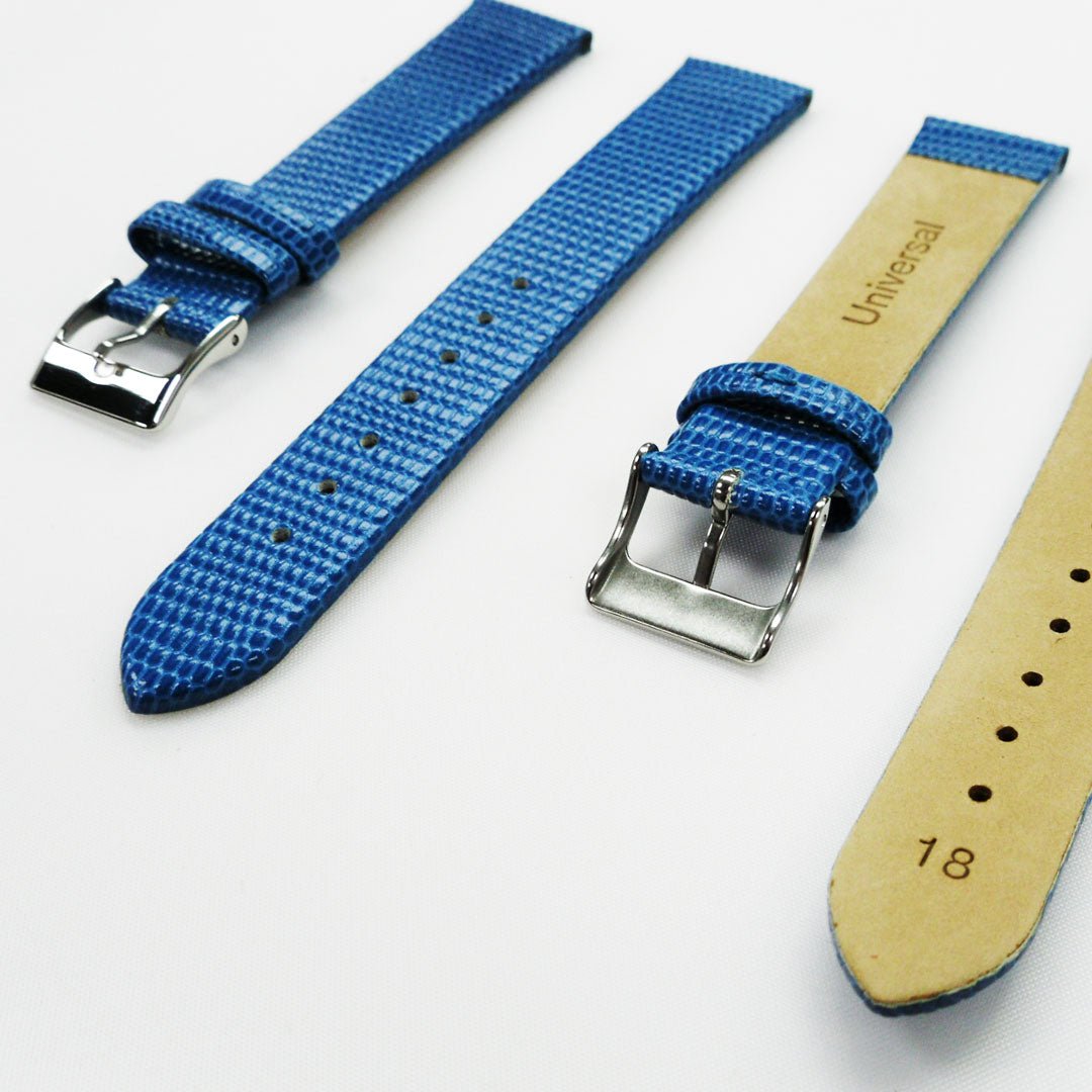 Lizard Watch Band, 18MM Wide Flat, Regular Size, Blue Color, Silver Buckle, Genuine Leather Strap Replacement - Universal Jewelers & Watch Tools Inc.