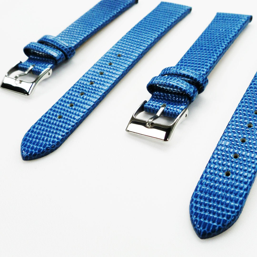 Lizard Watch Band, 18MM Wide Flat, Regular Size, Blue Color, Silver Buckle, Genuine Leather Strap Replacement - Universal Jewelers & Watch Tools Inc.