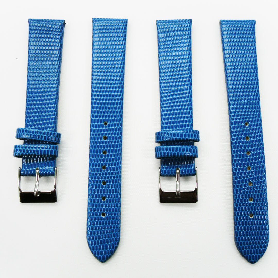 Lizard Watch Band, 18MM Wide Flat, Regular Size, Blue Color, Silver Buckle, Genuine Leather Strap Replacement - Universal Jewelers & Watch Tools Inc.