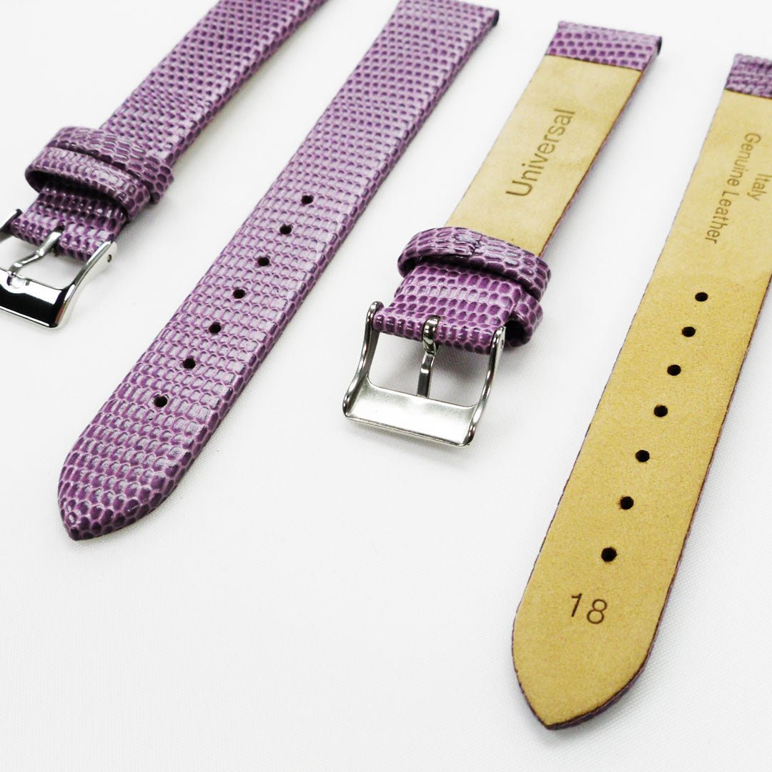 Lizard Watch Band, 18MM Wide Flat, Regular Size, Purple Color, Silver Buckle, Genuine Leather Strap Replacement - Universal Jewelers & Watch Tools Inc.