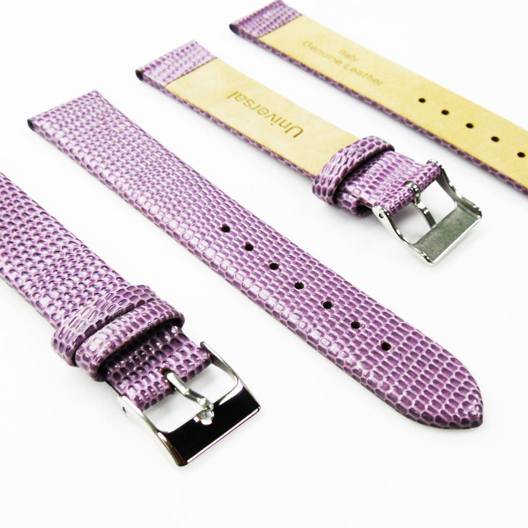Lizard Watch Band, 18MM Wide Flat, Regular Size, Purple Color, Silver Buckle, Genuine Leather Strap Replacement - Universal Jewelers & Watch Tools Inc.