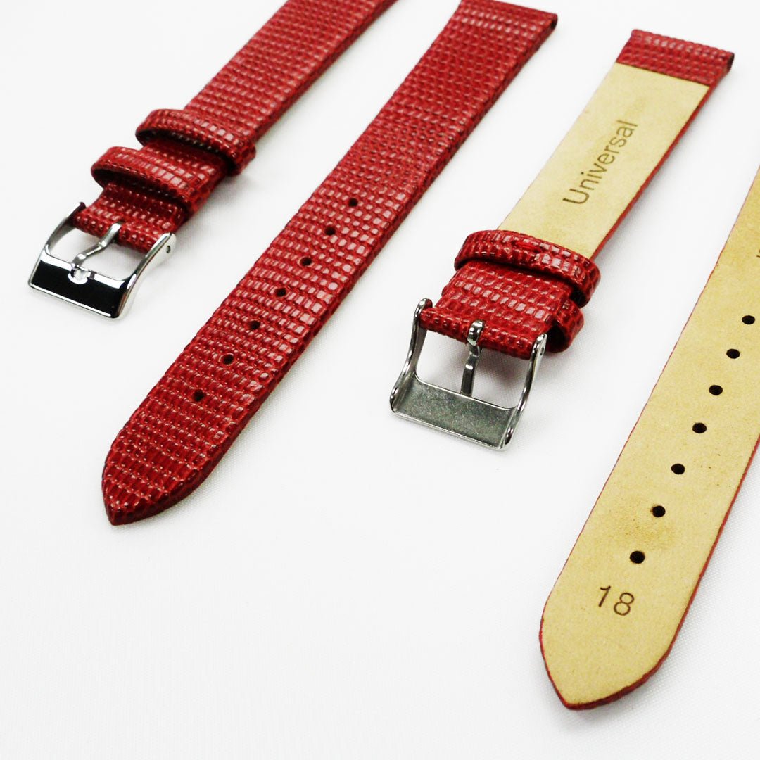Lizard Watch Band, 18MM Wide Flat, Regular Size, Red Color, Silver Buckle, Genuine Leather Strap Replacement - Universal Jewelers & Watch Tools Inc.