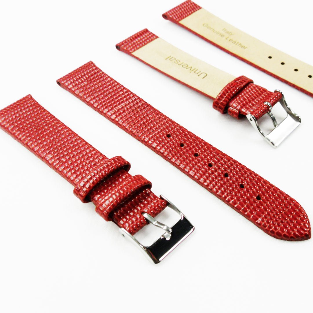 Lizard Watch Band, 18MM Wide Flat, Regular Size, Red Color, Silver Buckle, Genuine Leather Strap Replacement - Universal Jewelers & Watch Tools Inc.