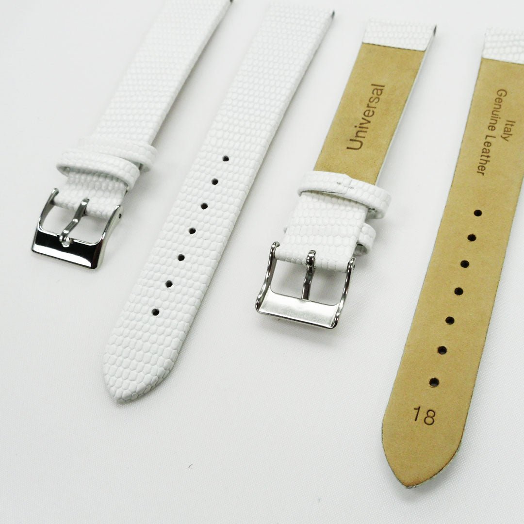 Lizard Watch Band, 18MM Wide Flat, Regular Size, White Color, Silver Buckle, Genuine Leather Strap Replacement - Universal Jewelers & Watch Tools Inc.