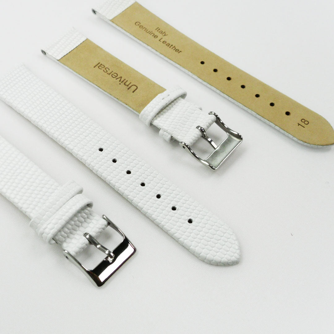 Lizard Watch Band, 18MM Wide Flat, Regular Size, White Color, Silver Buckle, Genuine Leather Strap Replacement - Universal Jewelers & Watch Tools Inc.