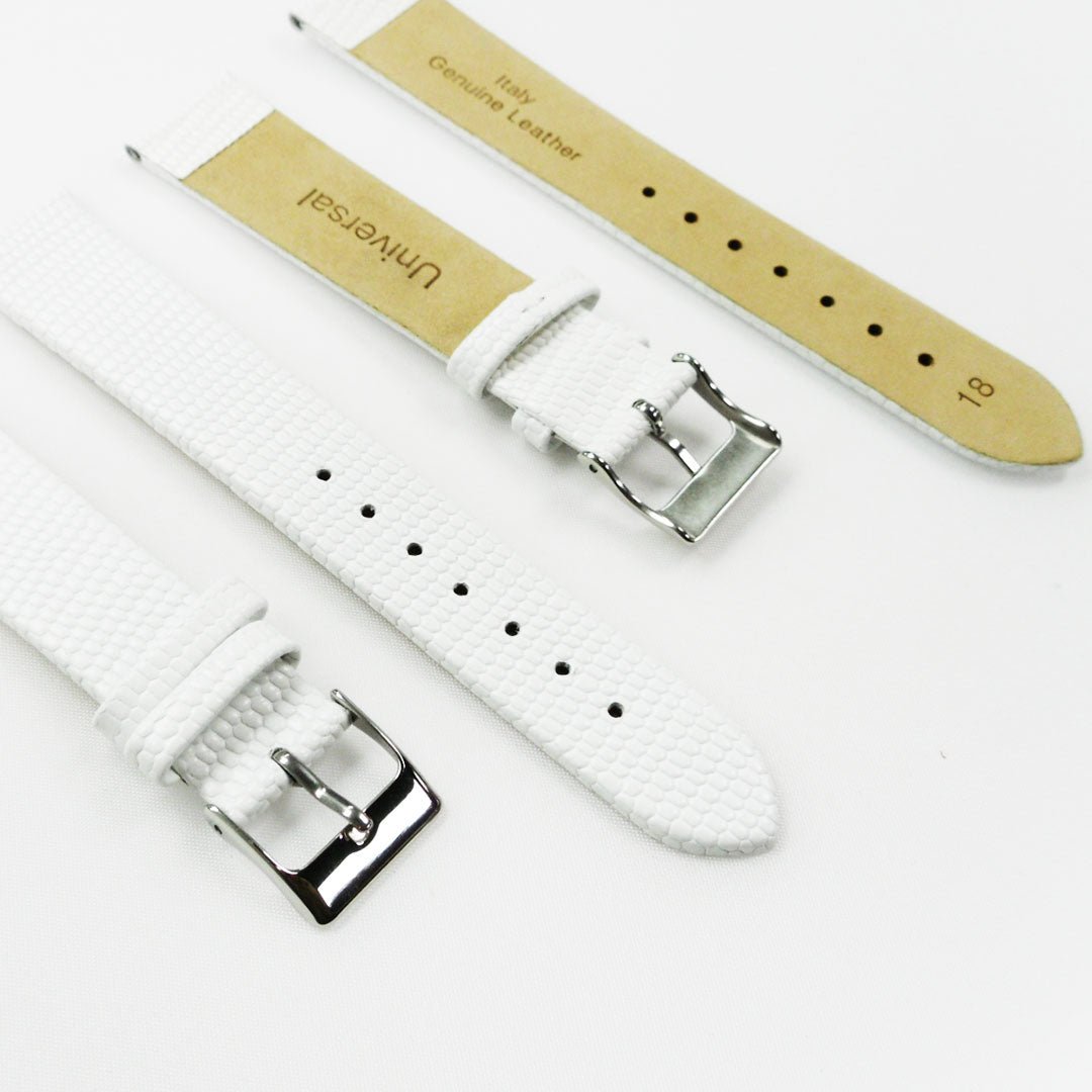 Lizard Watch Band, 18MM Wide Flat, Regular Size, White Color, Silver Buckle, Genuine Leather Strap Replacement - Universal Jewelers & Watch Tools Inc.