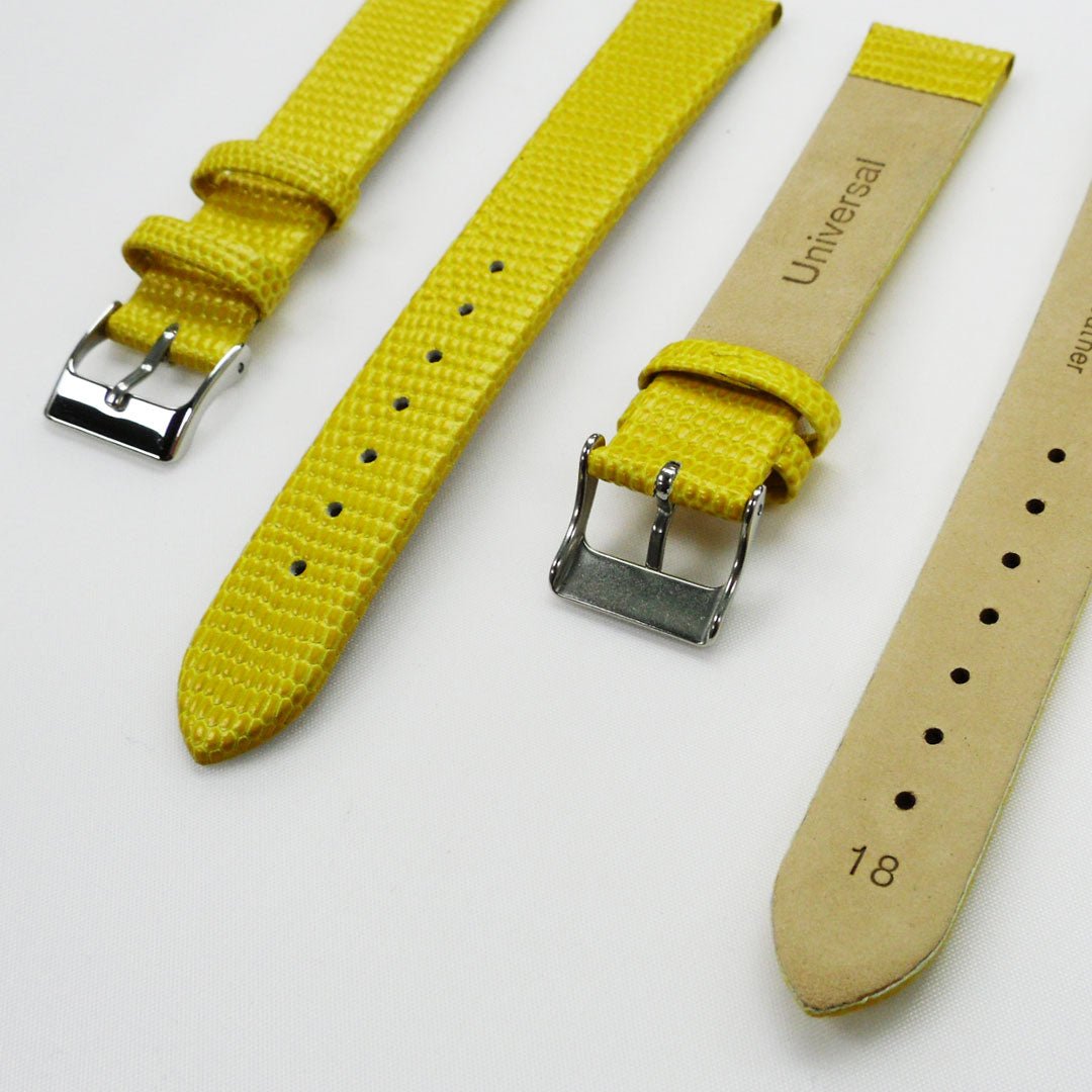 Lizard Watch Band, 18MM Wide Flat, Regular Size, Yellow Color, Silver Buckle, Genuine Leather Strap Replacement - Universal Jewelers & Watch Tools Inc.