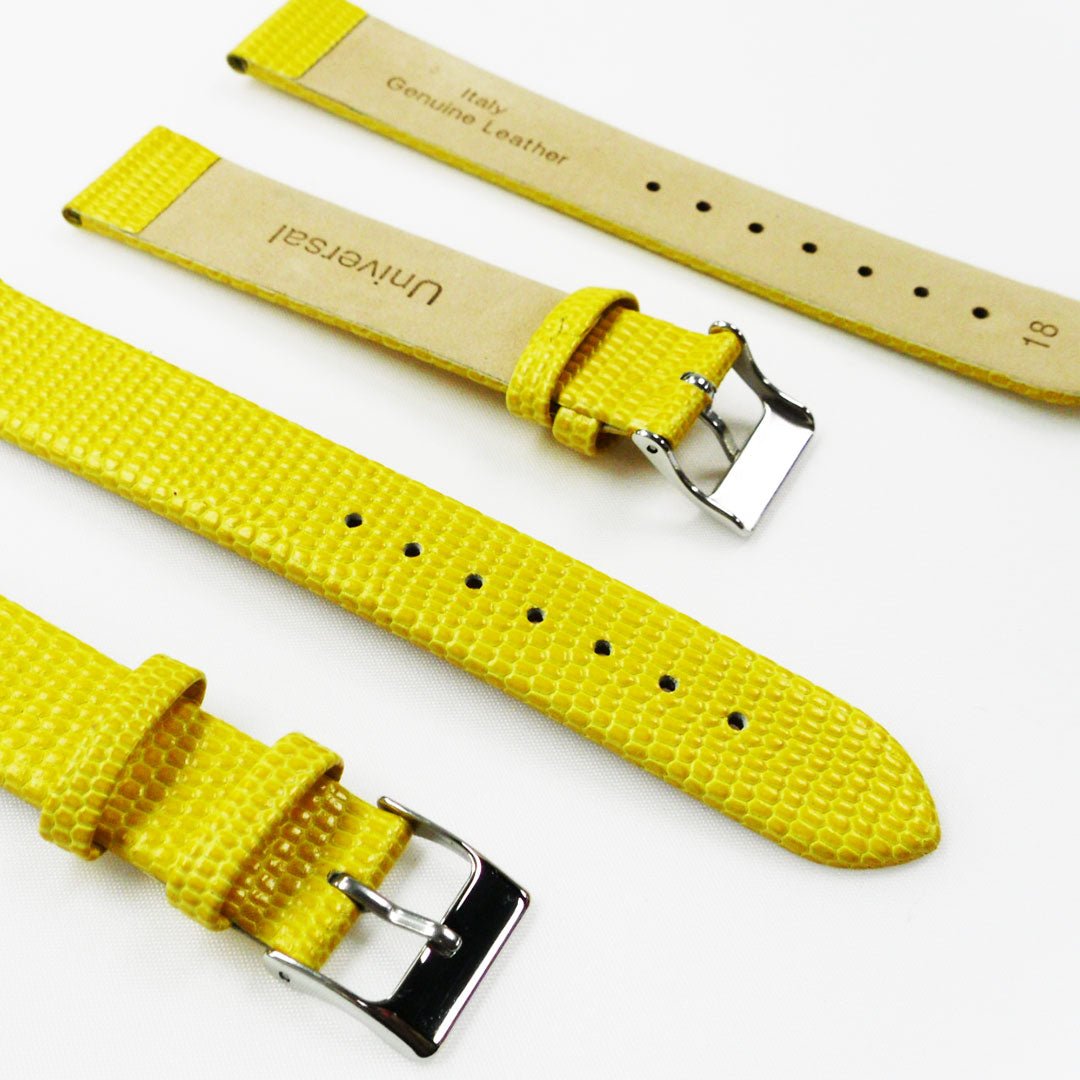 Lizard Watch Band, 18MM Wide Flat, Regular Size, Yellow Color, Silver Buckle, Genuine Leather Strap Replacement - Universal Jewelers & Watch Tools Inc.