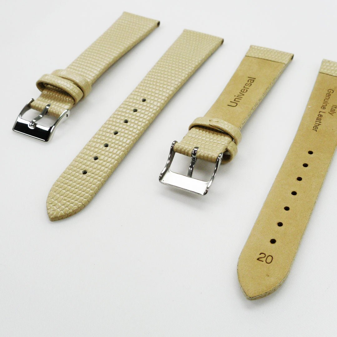 Lizard Watch Band, 20MM Wide Flat, Regular Size, Beige Color, Silver Buckle, Genuine Leather Strap Replacement - Universal Jewelers & Watch Tools Inc.