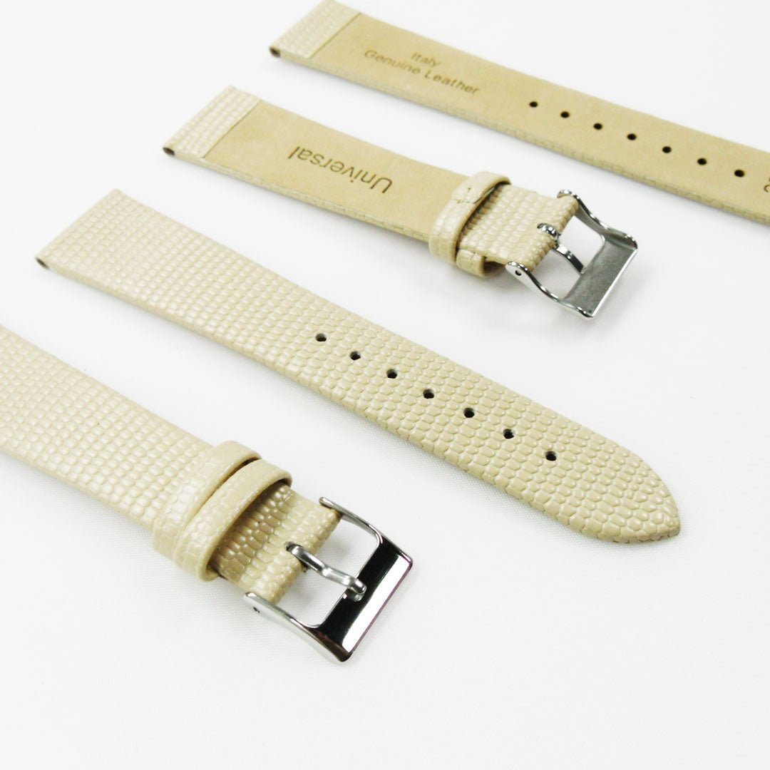 Lizard Watch Band, 20MM Wide Flat, Regular Size, Beige Color, Silver Buckle, Genuine Leather Strap Replacement - Universal Jewelers & Watch Tools Inc.