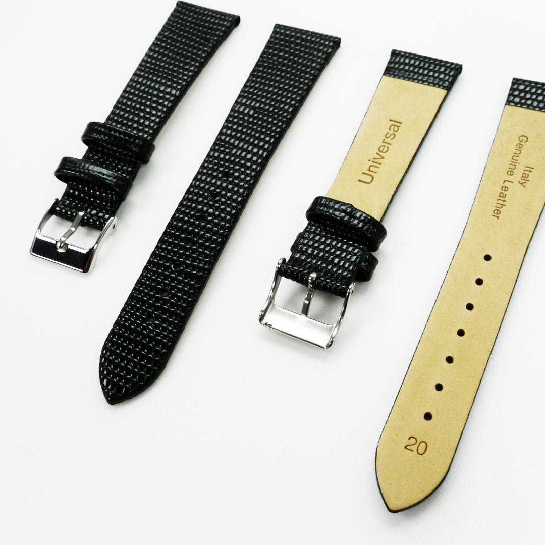 Lizard Watch Band, 20MM Wide Flat, Regular Size, Black Color, Silver Buckle, Genuine Leather Strap Replacement - Universal Jewelers & Watch Tools Inc.