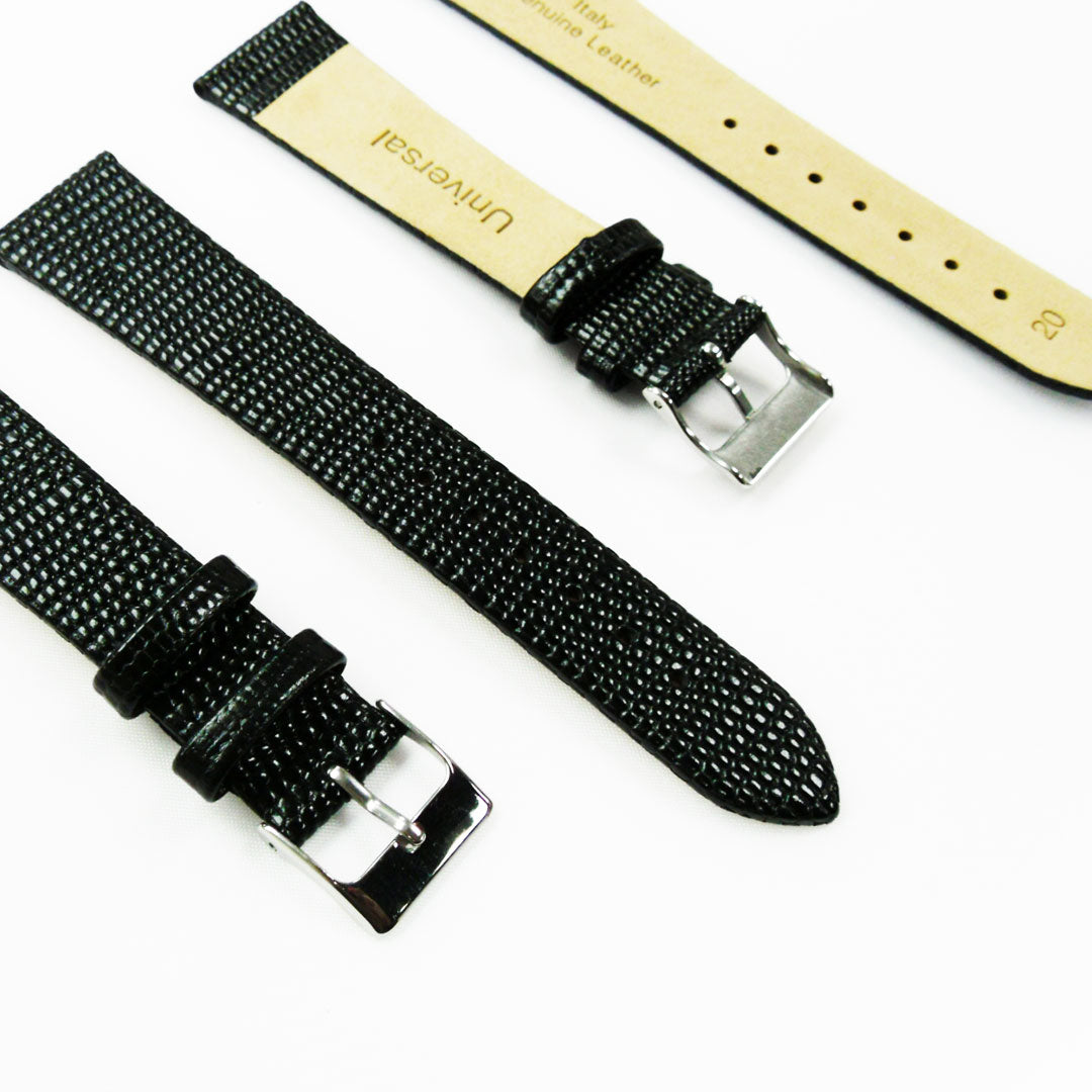 Lizard Watch Band, 20MM Wide Flat, Regular Size, Black Color, Silver Buckle, Genuine Leather Strap Replacement