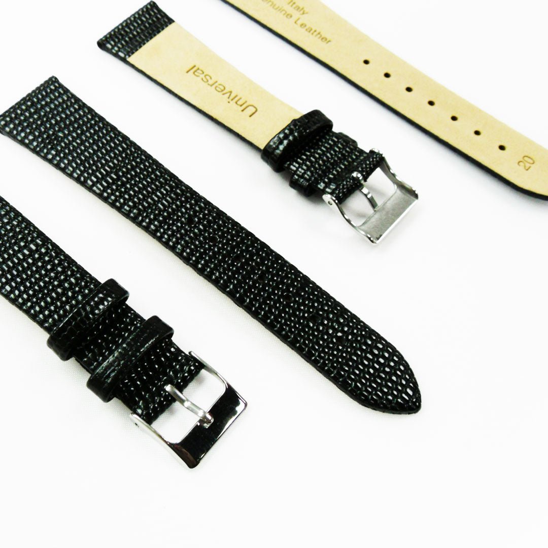 Lizard Watch Band, 20MM Wide Flat, Regular Size, Black Color, Silver Buckle, Genuine Leather Strap Replacement - Universal Jewelers & Watch Tools Inc.
