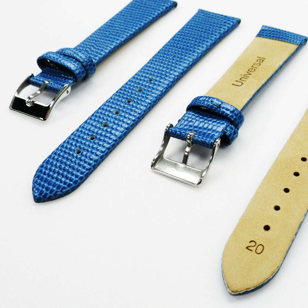 Lizard Watch Band, 20MM Wide Flat, Regular Size, Blue Color, Silver Buckle, Genuine Leather Strap Replacement - Universal Jewelers & Watch Tools Inc.