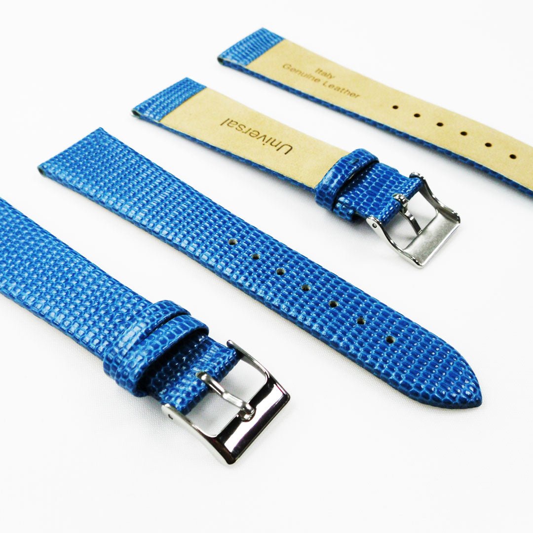Lizard Watch Band, 20MM Wide Flat, Regular Size, Blue Color, Silver Buckle, Genuine Leather Strap Replacement - Universal Jewelers & Watch Tools Inc.