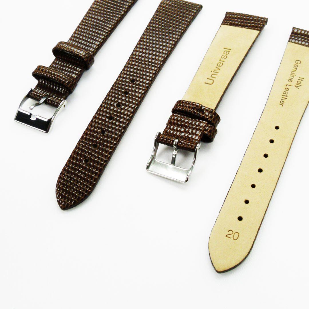 Lizard Watch Band, 20MM Wide Flat, Regular Size, Brown Color, Silver Buckle, Genuine Leather Strap Replacement - Universal Jewelers & Watch Tools Inc.