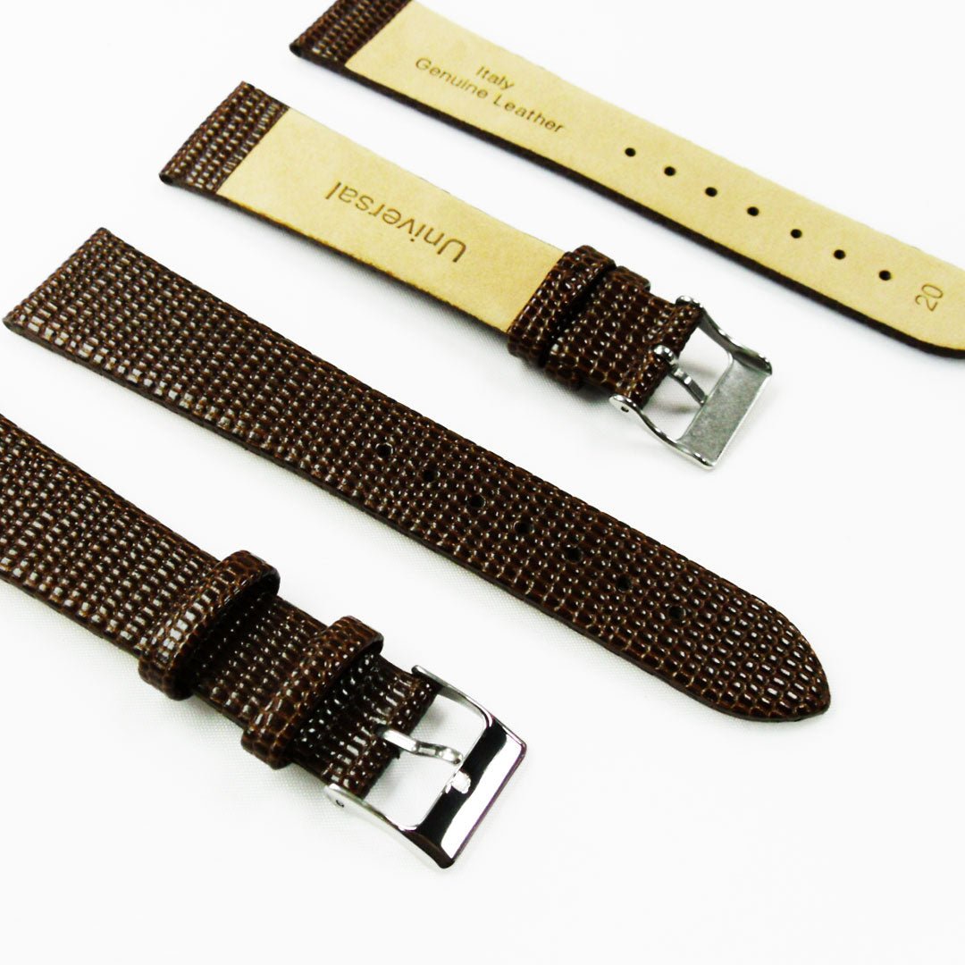 Lizard Watch Band, 20MM Wide Flat, Regular Size, Brown Color, Silver Buckle, Genuine Leather Strap Replacement - Universal Jewelers & Watch Tools Inc.