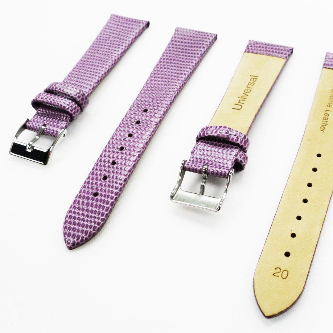 Lizard Watch Band, 20MM Wide Flat, Regular Size, Purple Color, Silver Buckle, Genuine Leather Strap Replacement - Universal Jewelers & Watch Tools Inc.