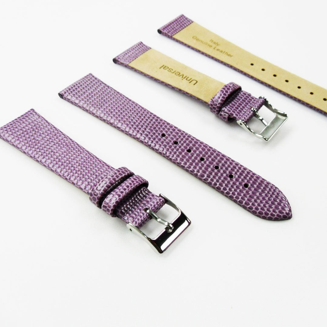 Lizard Watch Band, 20MM Wide Flat, Regular Size, Purple Color, Silver Buckle, Genuine Leather Strap Replacement - Universal Jewelers & Watch Tools Inc.