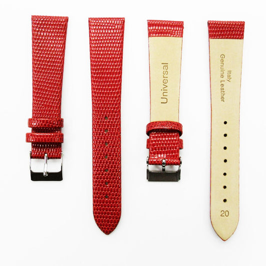 Lizard Watch Band, 20MM Wide Flat, Regular Size, Red Color, Silver Buckle, Genuine Leather Strap Replacement - Universal Jewelers & Watch Tools Inc.
