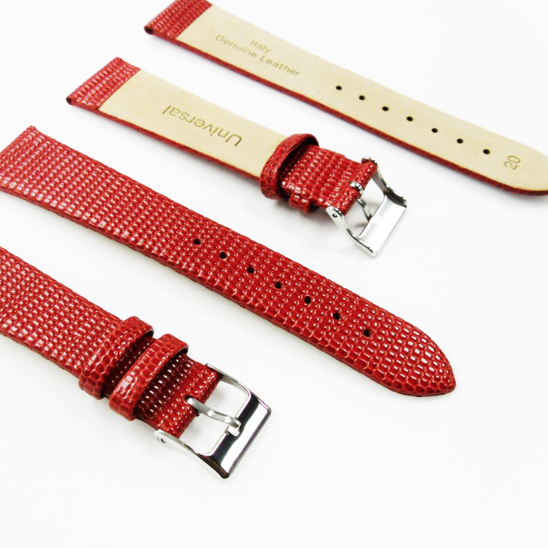 Lizard Watch Band, 20MM Wide Flat, Regular Size, Red Color, Silver Buckle, Genuine Leather Strap Replacement - Universal Jewelers & Watch Tools Inc.