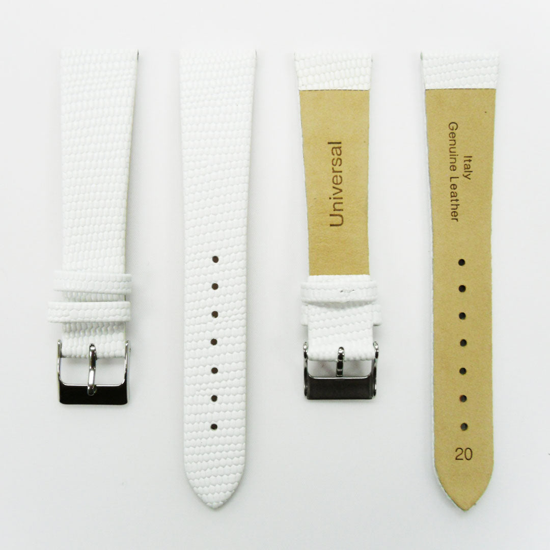 Lizard Watch Band, 20MM Wide Flat, Regular Size, White Color, Silver Buckle, Genuine Leather Strap Replacement