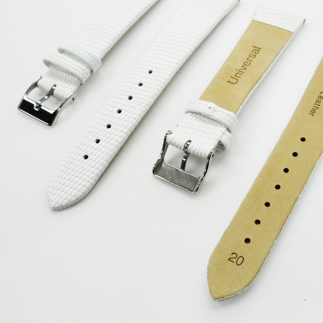 Lizard Watch Band, 20MM Wide Flat, Regular Size, White Color, Silver Buckle, Genuine Leather Strap Replacement - Universal Jewelers & Watch Tools Inc.