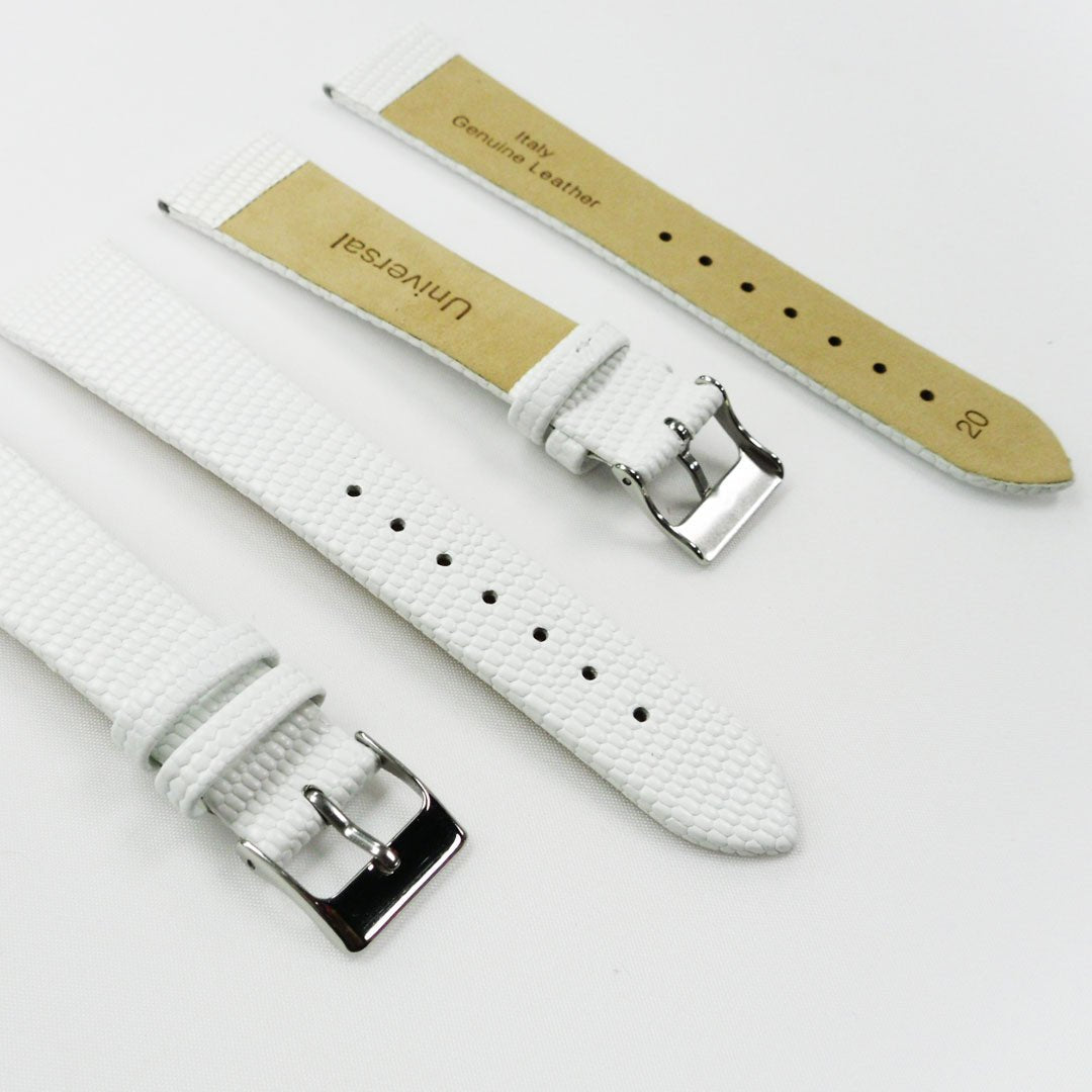 Lizard Watch Band, 20MM Wide Flat, Regular Size, White Color, Silver Buckle, Genuine Leather Strap Replacement - Universal Jewelers & Watch Tools Inc.