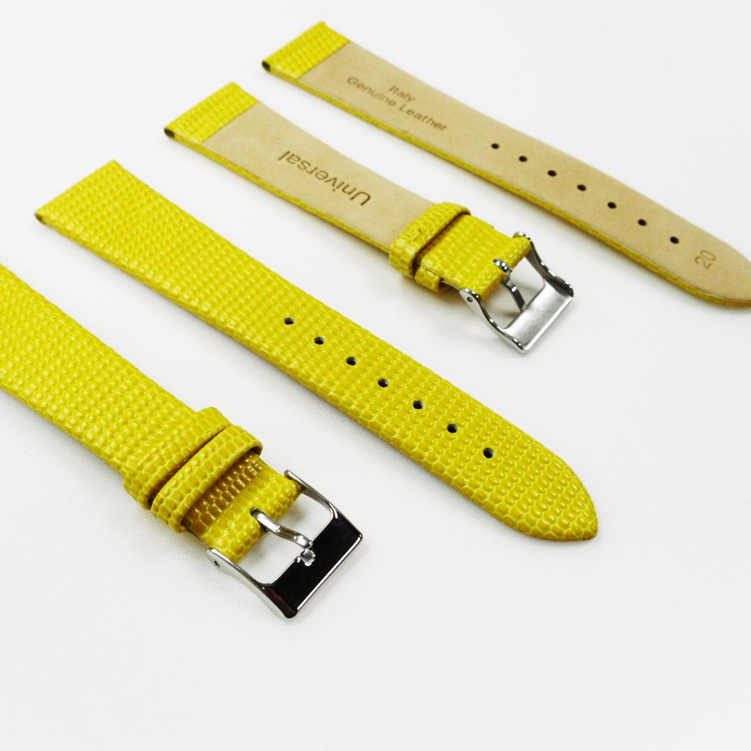 Lizard Watch Band, 20MM Wide Flat, Regular Size, Yellow Color, Silver Buckle, Genuine Leather Strap Replacement - Universal Jewelers & Watch Tools Inc.