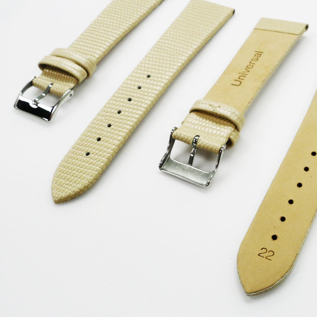 Lizard Watch Band, 22MM Wide Flat, Regular Size, Beige Color, Silver Buckle, Genuine Leather Strap Replacement - Universal Jewelers & Watch Tools Inc.