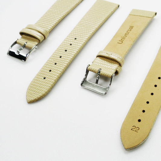 Lizard Watch Band, 22MM Wide Flat, Regular Size, Beige Color, Silver Buckle, Genuine Leather Strap Replacement - Universal Jewelers & Watch Tools Inc.