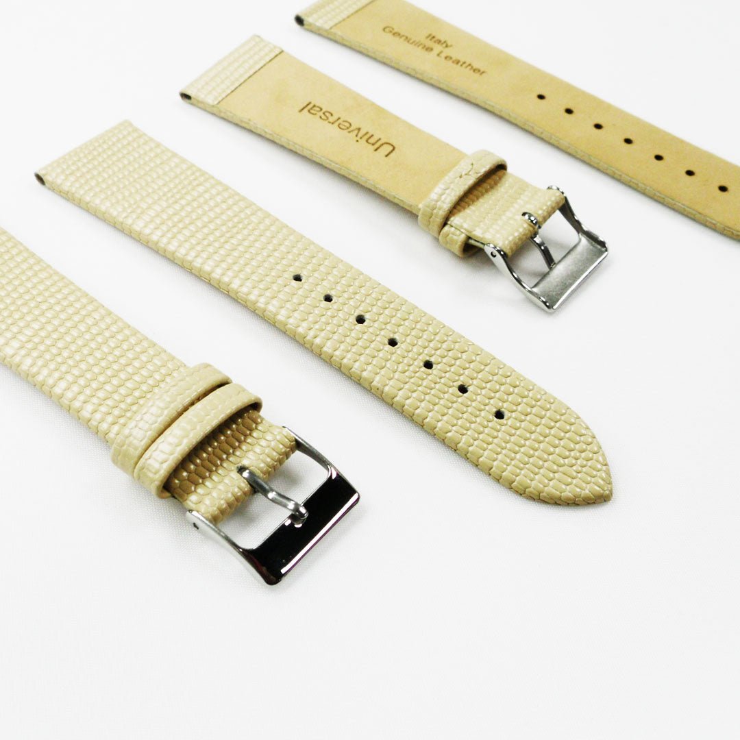 Lizard Watch Band, 22MM Wide Flat, Regular Size, Beige Color, Silver Buckle, Genuine Leather Strap Replacement - Universal Jewelers & Watch Tools Inc.