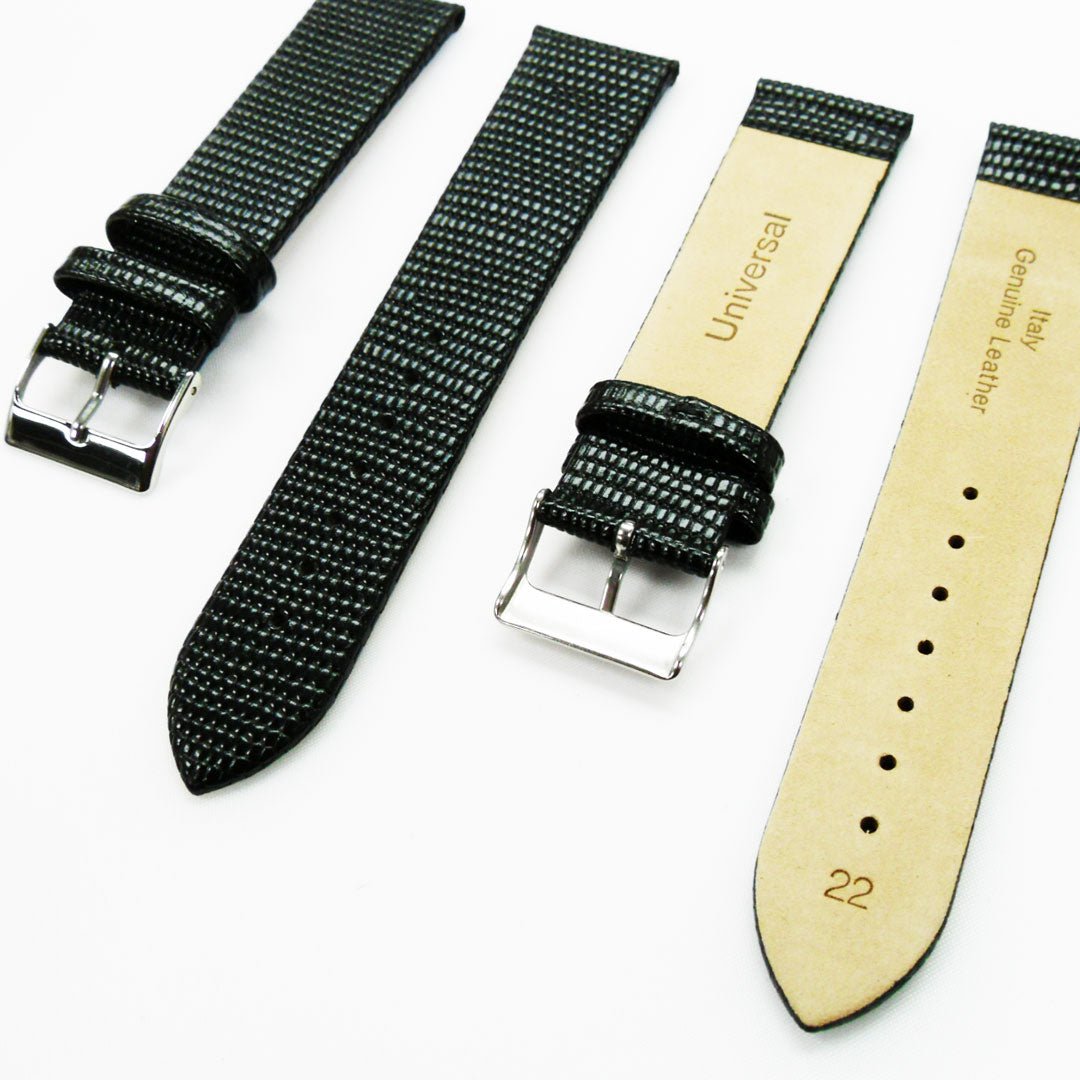 Lizard Watch Band, 22MM Wide Flat, Regular Size, Black Color, Silver Buckle, Genuine Leather Strap Replacement - Universal Jewelers & Watch Tools Inc.