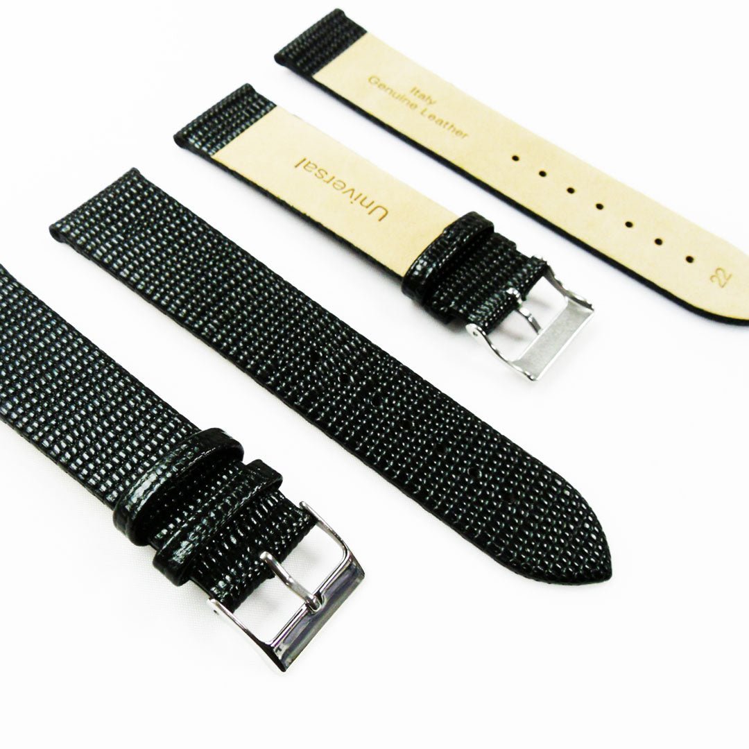 Lizard Watch Band, 22MM Wide Flat, Regular Size, Black Color, Silver Buckle, Genuine Leather Strap Replacement - Universal Jewelers & Watch Tools Inc.